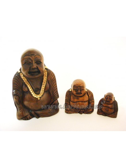 Budha em madeira sentado sorrindo 6" (15cm)