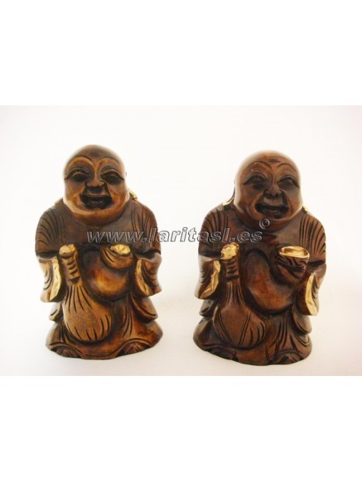 Budha em madeira de pe sorrindo 15cm